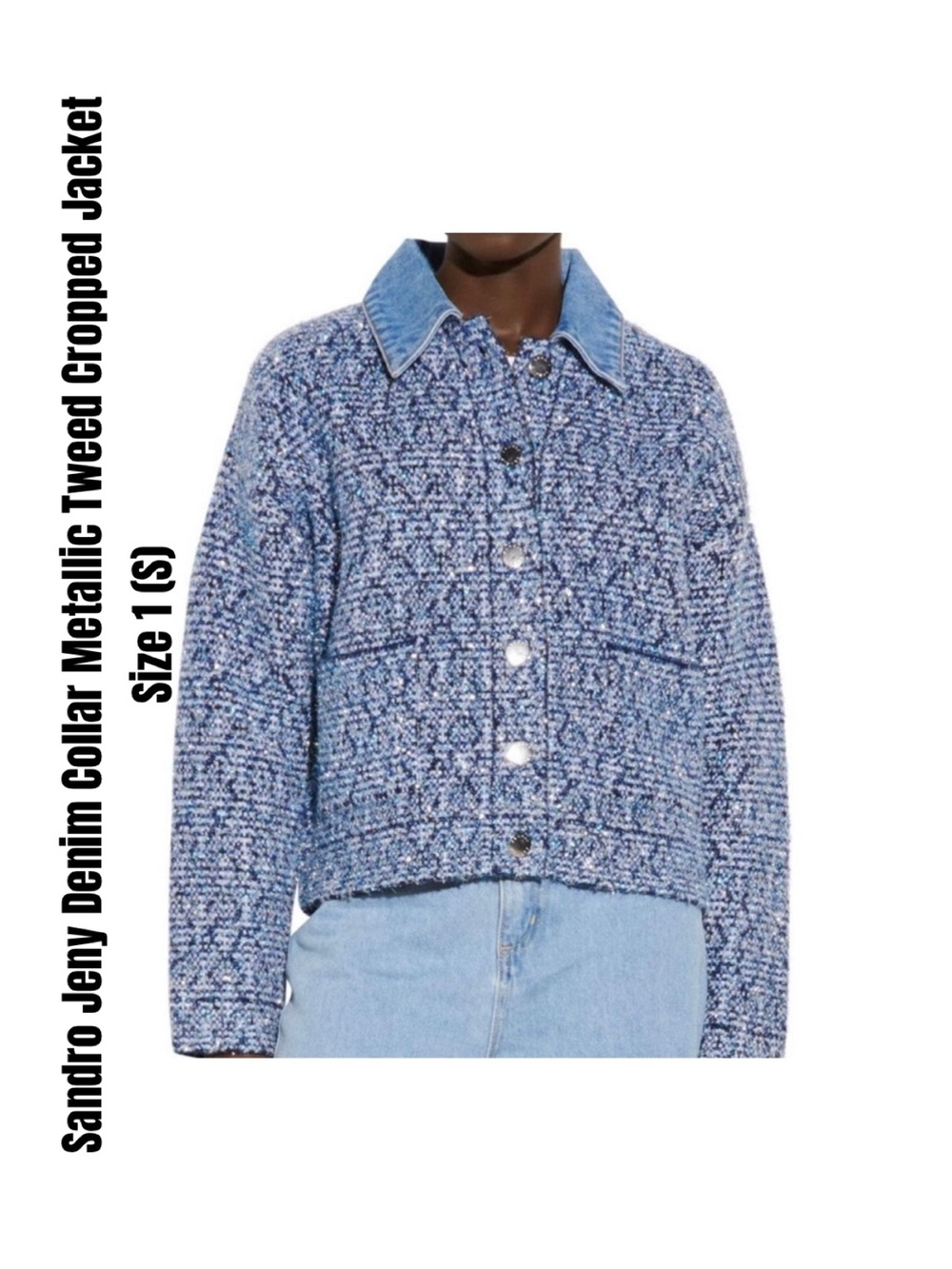 Sandro Jeny Denim Collar Metallic Tweed Cropped Jacket Size 1 (S)